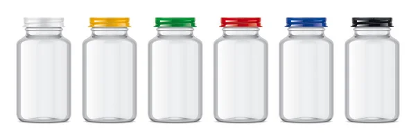 Uppsättning Transparenta Flaskor Med Färgade Metalllock — Stockfoto