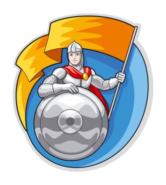 Knight with a flag in his hand and a shield on background
