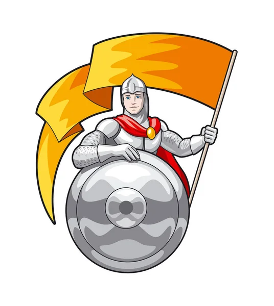Knight with a flag in his hand and a shield 