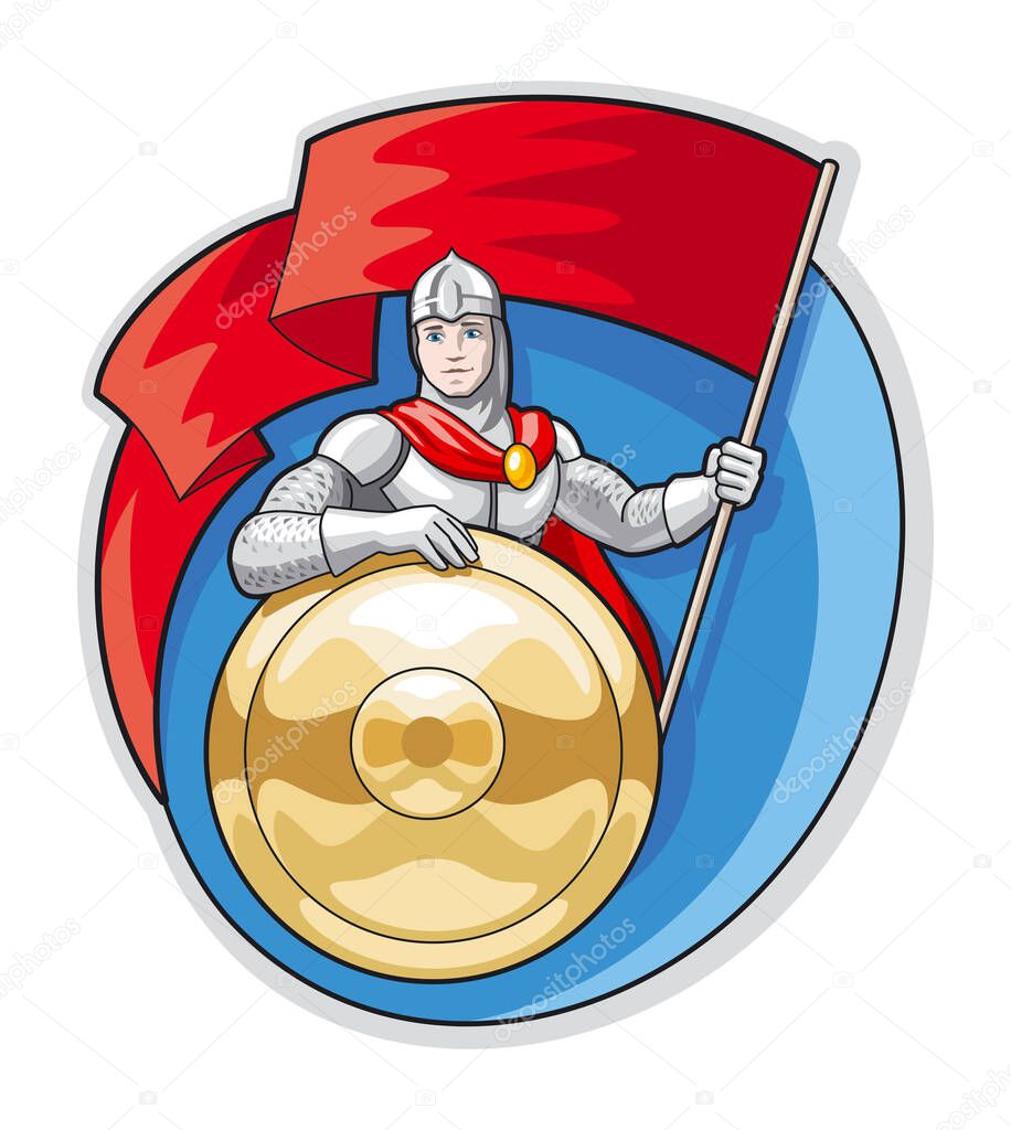 Knight with a flag in his hand and a gold shield on background