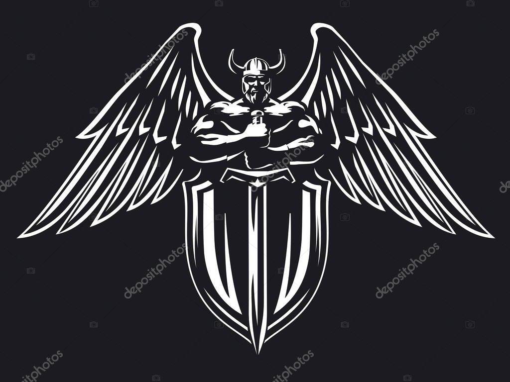 A muscular bearded man with wings in a helmet holds a sword in front of a shield