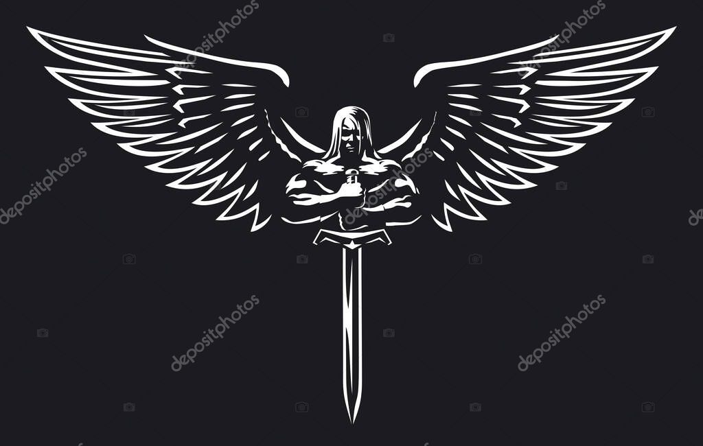 A muscular man with wings and sword