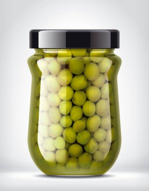 Arka planda Bezelyeler olan Cam Kavanoz. 