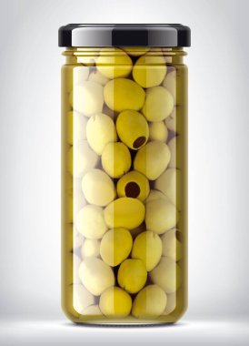 Arka planda zeytinli cam kavanoz. 