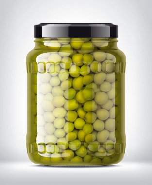 Arka planda Bezelyeler olan Cam Kavanoz. 