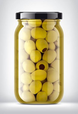 Arka planda zeytinli cam kavanoz. 