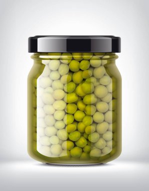 Arka planda Bezelyeler olan Cam Kavanoz. 