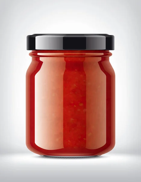 Glasgefäß Mit Tomatensauce Auf Hintergrund — Stockfoto