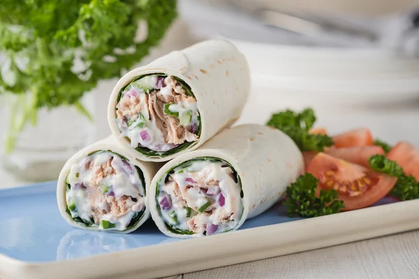 Tuna wraps with cucumber onion and mayonnaise — Stock Photo, Image