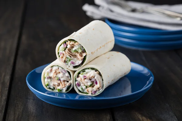 Tuna burritos with cucumber red onion and mayonnaise — Stock Photo, Image