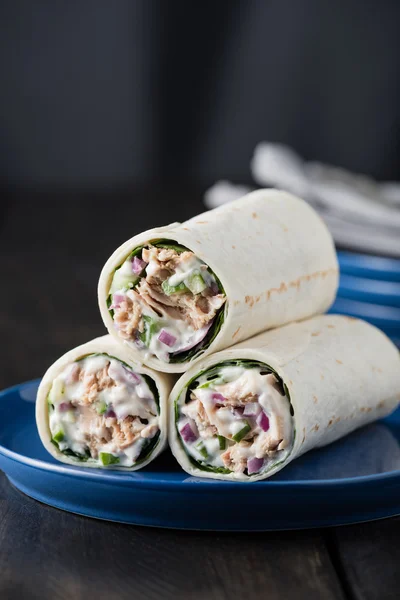 Tuna burritos with cucumber red onion and mayonnaise — Stock Photo, Image