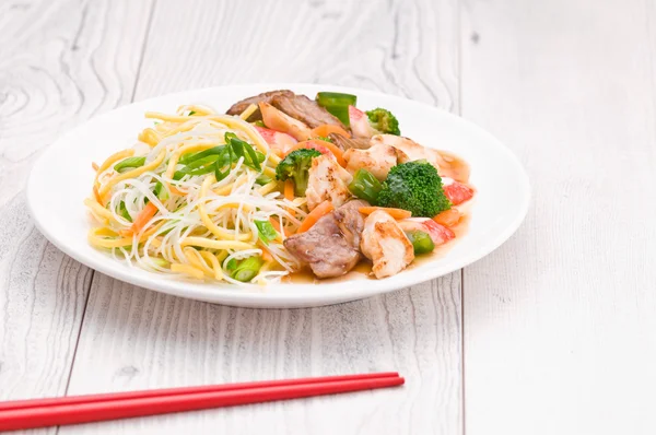 Noodles with Chicken Beef and Crab Stick — Stock Photo, Image