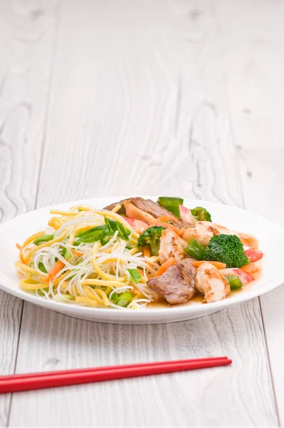 Noodles with Chicken Beef and Crab Stick — Stock Photo, Image