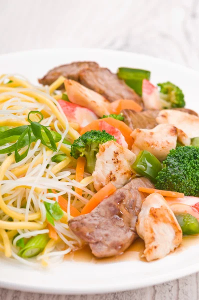 Noodles with Chicken Beef and Crab Stick — Stock Image Noodles with Chicken Beef and Crab Stick Stock Photo