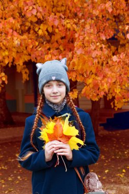 Küçük kız akçaağaç yapraklarını tut..