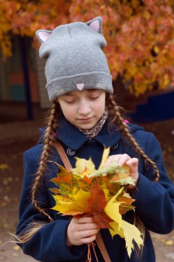 Küçük kız akçaağaç yapraklarına bakıyor..