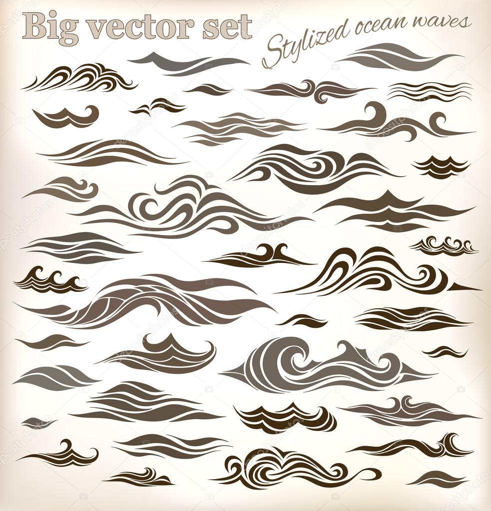 Vector waves set of elements for design, silhouettes against a light background