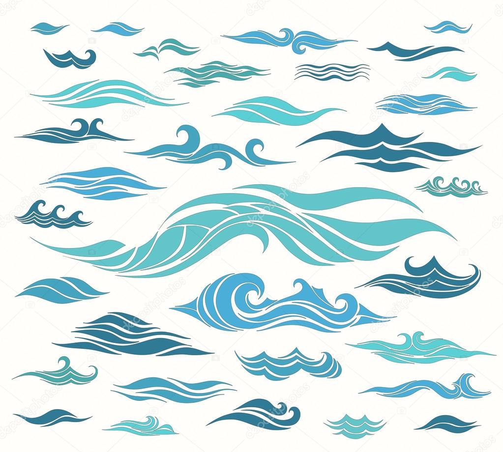Vector waves set of elements for design, blue silhouettes against a light background