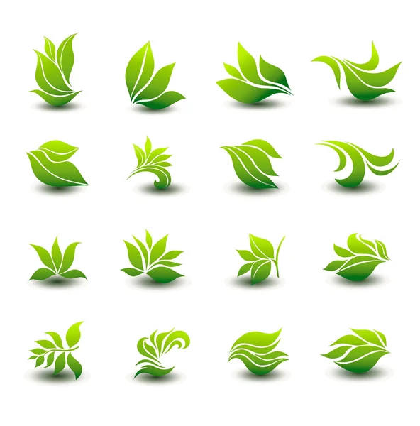 Um grande conjunto de ícones de folhas verdes estilizadas — Vetor de Stock