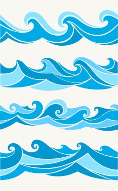 Stilize dalgalar mavi tonları ile Dikişsiz desen seti