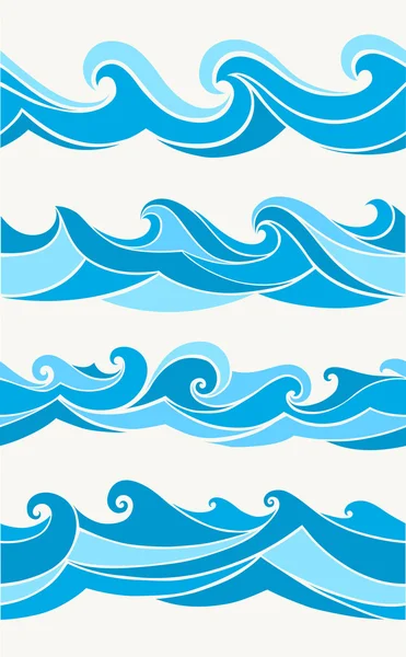 Set of seamless patterns with stylized waves blue shades — Stock Vector