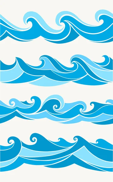 Ensemble de motifs sans couture avec des vagues stylisées tons bleus — Image vectorielle