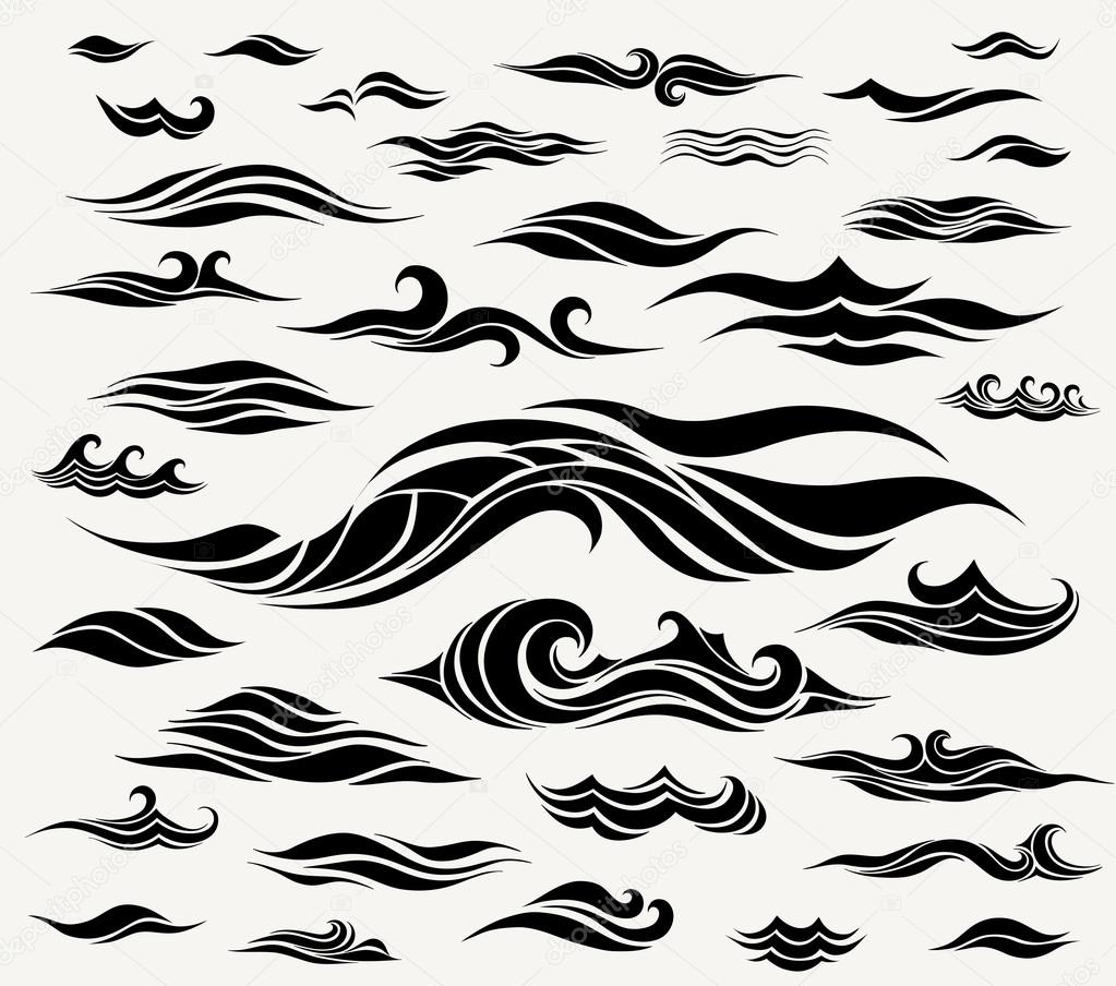 Vector waves set of elements for design, black silhouettes against a light background