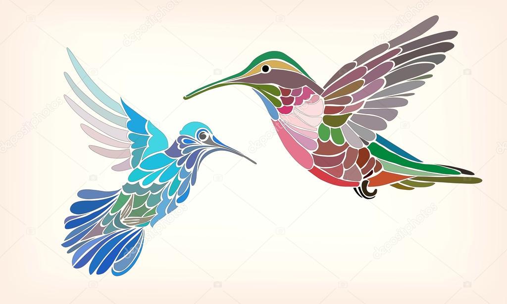 Two hummingbirds in stylized vector illustration on a light background