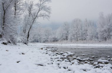 Fotoğraf .jpg biçiminde, boyut 3867x2536. Kış manzarası, nehir, kıyıda karla kaplı taşlar, kıyılar boyunca karla kaplı ağaçlar..
