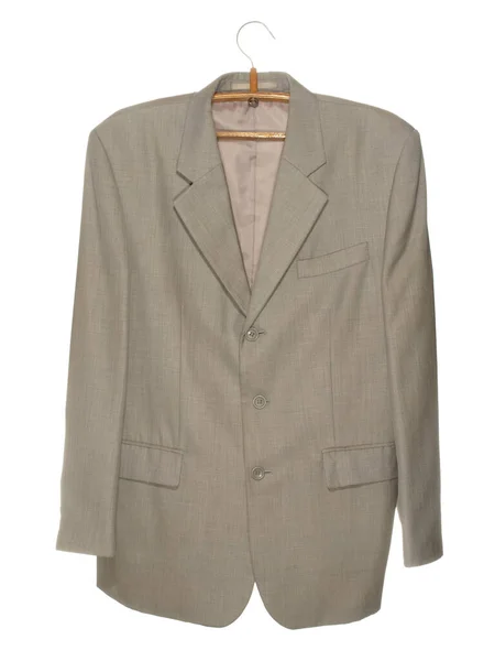 Graue Jacke Auf Einem Hölzernen Kleiderbügel Mit Metallhaken Auf Weißem — Stockfoto