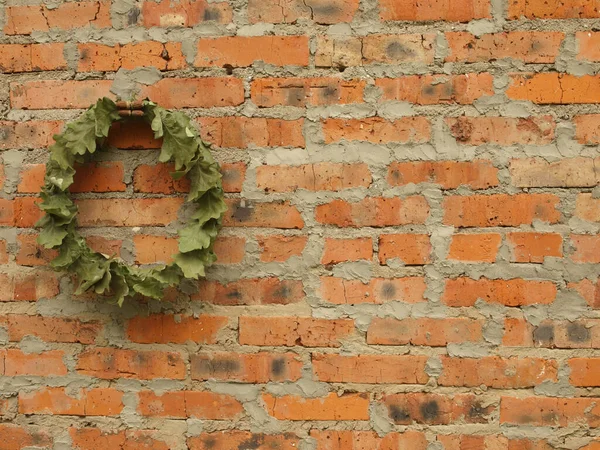 Couronne Cadre Feuilles Chêne Sèches Glands Secs Sur Vieux Mur — Photo