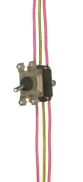 Промисловий електричний вимикач з різнокольоровими дротами ізольовані o — стокове фото