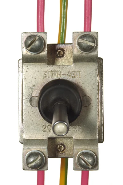 Industrial electrical switch with multi-colored wires isolated o — Stock Photo, Image