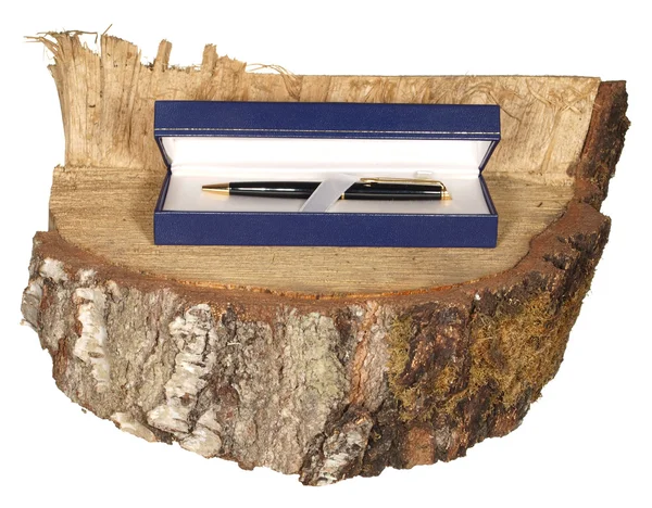 Mavi hediye kutusunda huş ağacı gövde üzerinde beyaz izole parçası üzerinde kalem — Stok fotoğraf