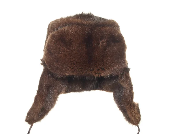 Winter fur hat brown isolated on white background. — Stock Photo, Image