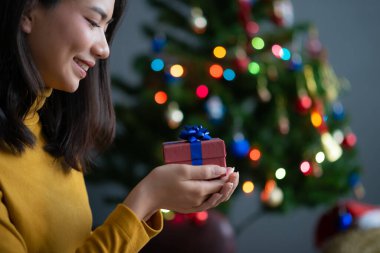 Kız, erkek arkadaşından Noel hediyesi almış. Mutlu Noeller ve mutlu yıllar.