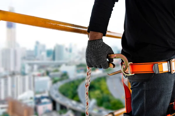 Construction Worker Wearing Safety Harness Safety Line Working High Place — Stock Photo, Image