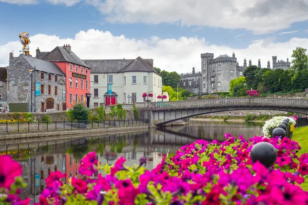 Vista al río de la ciudad castillo kilkenny y puente — Foto de Stock