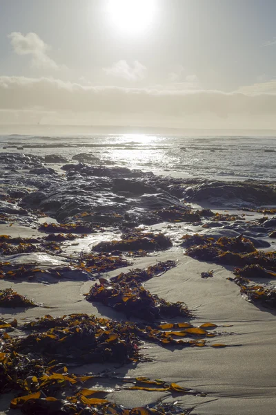 Vagues au-dessus des rochers couchés du soleil — Photo