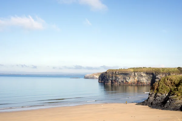 Vrouw lopen een hond als zachte golven breken op het strand — Stockfoto