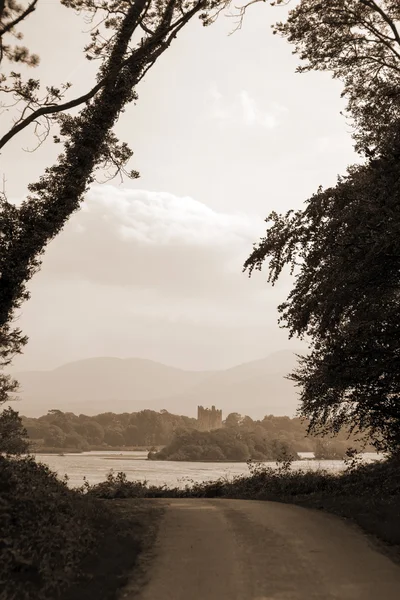 Sepia ross castillo al final de un camino bosque killarney —  Fotos de Stock