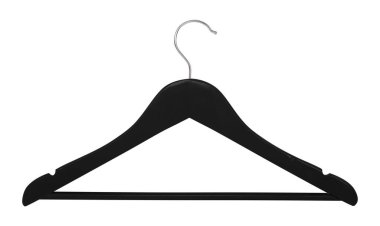 Giysiler, ayakkabılar ve aksesuarlar - Beyaz arka planda siyah ahşap elbise askıları.