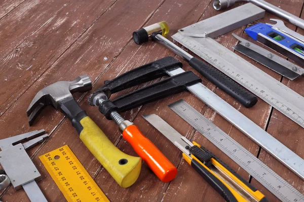 Herramientas Primer Plano Conjunto Construcción Reparación Sobre Fondo Madera — Foto de Stock