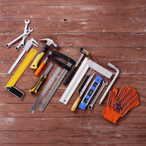 Top View Tools Building Repair Set Wooden Background — Stock Photo, Image