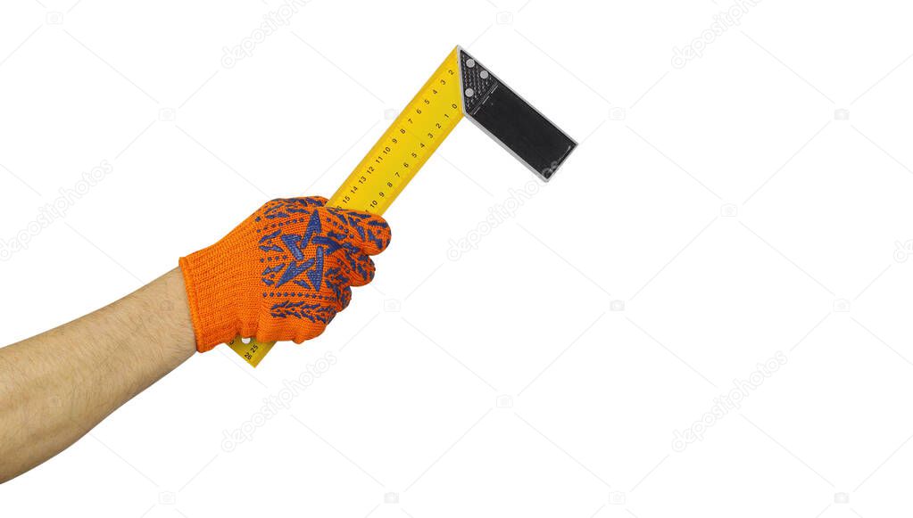 Objects tool hands action - Worker hand in working glove holds Try square isolated white background.