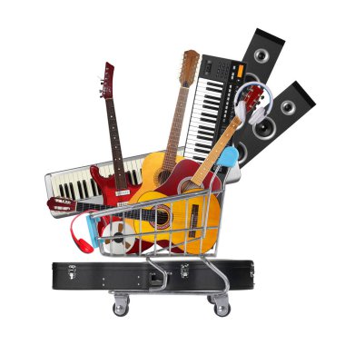 Alışveriş arabasındaki çeşitli müzik aletlerinden oluşan yığınla kolaj. Elektrik, akustik ve klasik gitarlar, Midi piyano klavyesi çevrimiçi stüdyo müzik konsepti izole edilmiş beyaz arka plan..