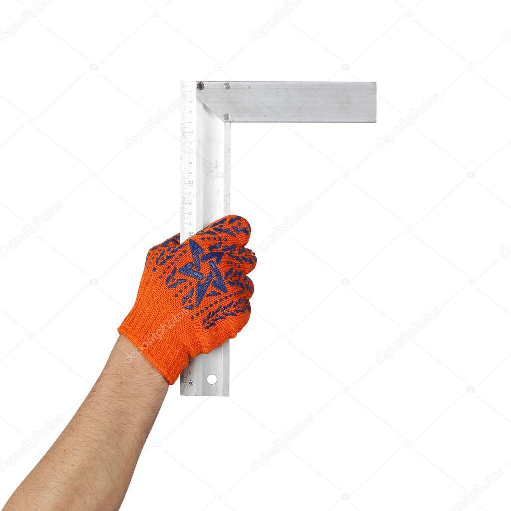 Objects tool hands action - Hand in working glove holds Try square worker isolated white background.