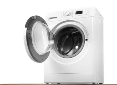 Major appliance - Front and down view open door washing machine isolated white and wood background