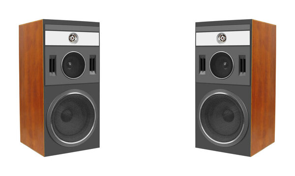Music and sound - Two three way line array loudspeaker enclosure cabinet isolated on a white background.