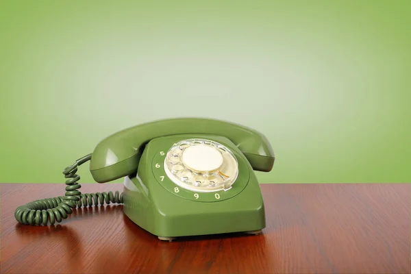 Vintage Phones Green Retro Telephone Wooden Table Green Background — 스톡 사진